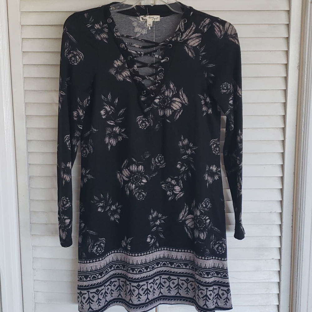 Black & Gray Boho Lace Up Sweater Dress, Small